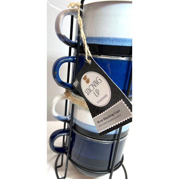 Boston Warehouse Stacking Up Stoneware 16 Oz Blue & White Stacking Cups Set With - Picture 4 of 6